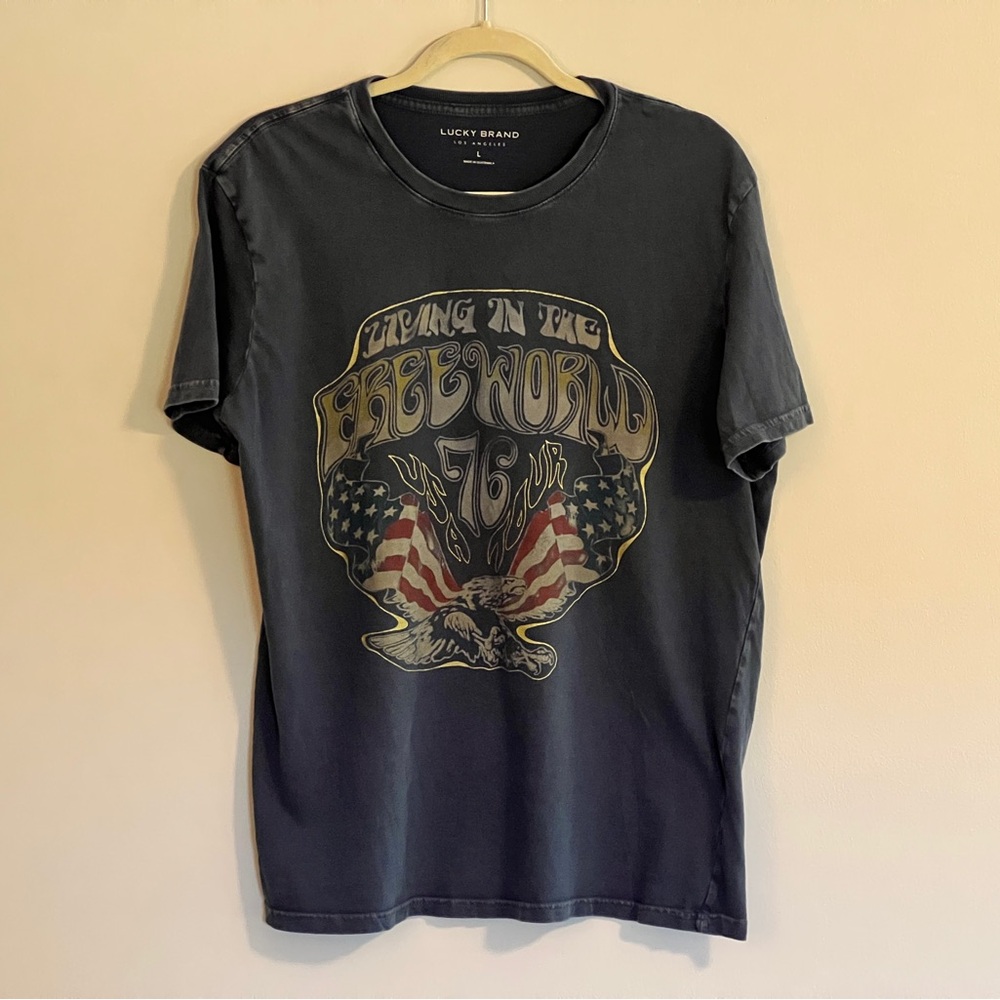 Lucky Brand Men's Living in the Free World 1976 USA Tour Flag Eagle Graphic Tee